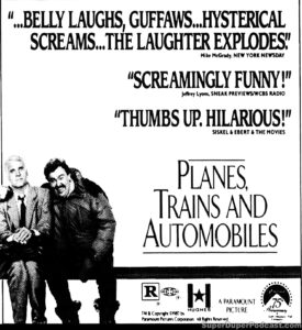 PLANES, TRAINS AND AUTOMOBILES- Newspaper ad. January 29, 1988. Caped Wonder Stuns City!