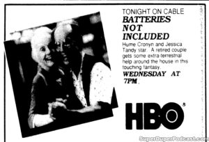 BATTERIES NOT INCLUDED- Television guide ad. February 1, 1989. Caped Wonder Stuns City!