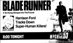BLADE RUNNER- Television guide ad. February 1, 1990. Caped Wonder Stuns City!