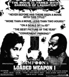 NATIONAL LAMPOON'S LOADED WEAPON 1- Newspaper ad. February 11, 1993. Caped Wonder Stuns City!