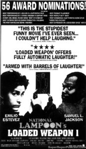 NATIONAL LAMPOON'S LOADED WEAPON 1- Newspaper ad. February 24, 1993. Caped Wonder Stuns City!