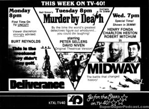 DELIVERANCE/MURDER BY DEATH/MIDWAY- Television guide ad. February 26, 1985.