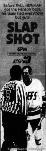 SLAP SHOT- Television guide ad. February 9, 1986. Caped Wonder Stuns City!