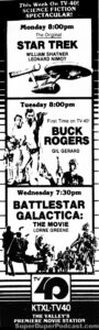 STAR TREK/BUCK ROGERS IN THE 25TH CENTURY/BATTLESTAR GALACTICA- Television guide ad. February 7, 1983. Caped Wonder Stuns City!