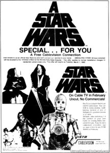 STAR WARS- Television guide ad. February 4, 1983. Caped Wonder Stuns City!