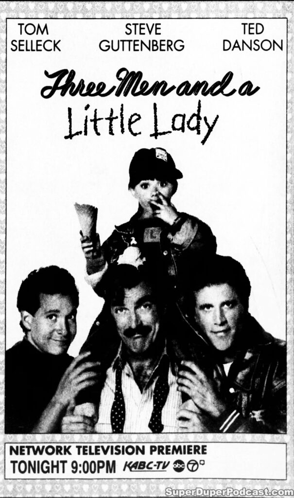 THREE MEN AND A LITTLE LADY- Television guide ad. February 13, 1994. Caped Wonder Stuns City!