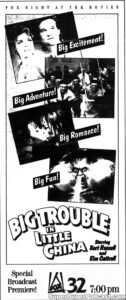 BIG TROUBLE IN LITTLE CHINA- Television guide ad. June 8, 1989. Caped Wonder Stuns City!