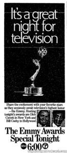 THE EMMYS- Television guide ad. June 7, 1970. Caped Wonder Stuns City!