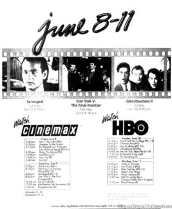 GHOSTBUSTERS II, SCROOGED, STAR TREK V THE FINAL FRONTIER- Television guide ad. June 9, 1990. Caped Wonder Stuns City!